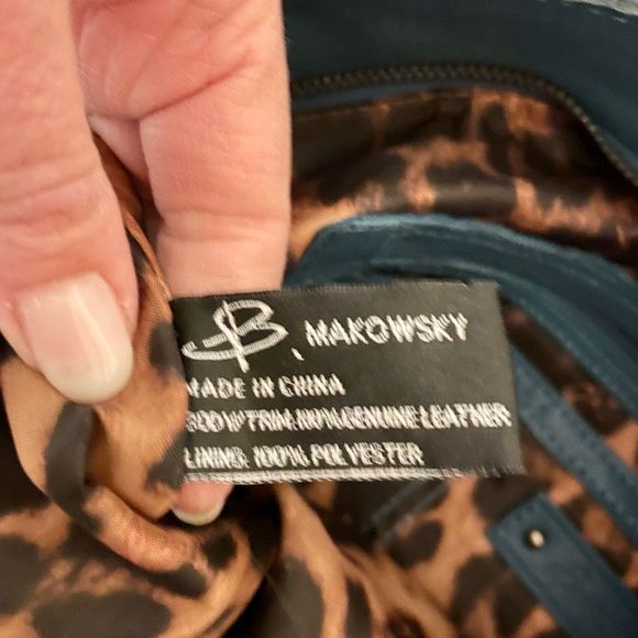 B Makowsky Teal Blue Leather Shoulder Bag w/ Studs + Leopard - Picture 5 of 10